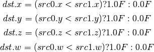 dst.x = (src0.x < src1.x) ? 1.0F : 0.0F

dst.y = (src0.y < src1.y) ? 1.0F : 0.0F

dst.z = (src0.z < src1.z) ? 1.0F : 0.0F

dst.w = (src0.w < src1.w) ? 1.0F : 0.0F